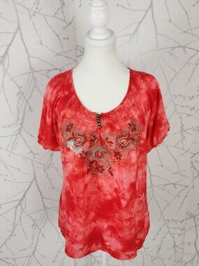 One World Red Tie Dye Floral Embroidered Smocked Round Neck Top